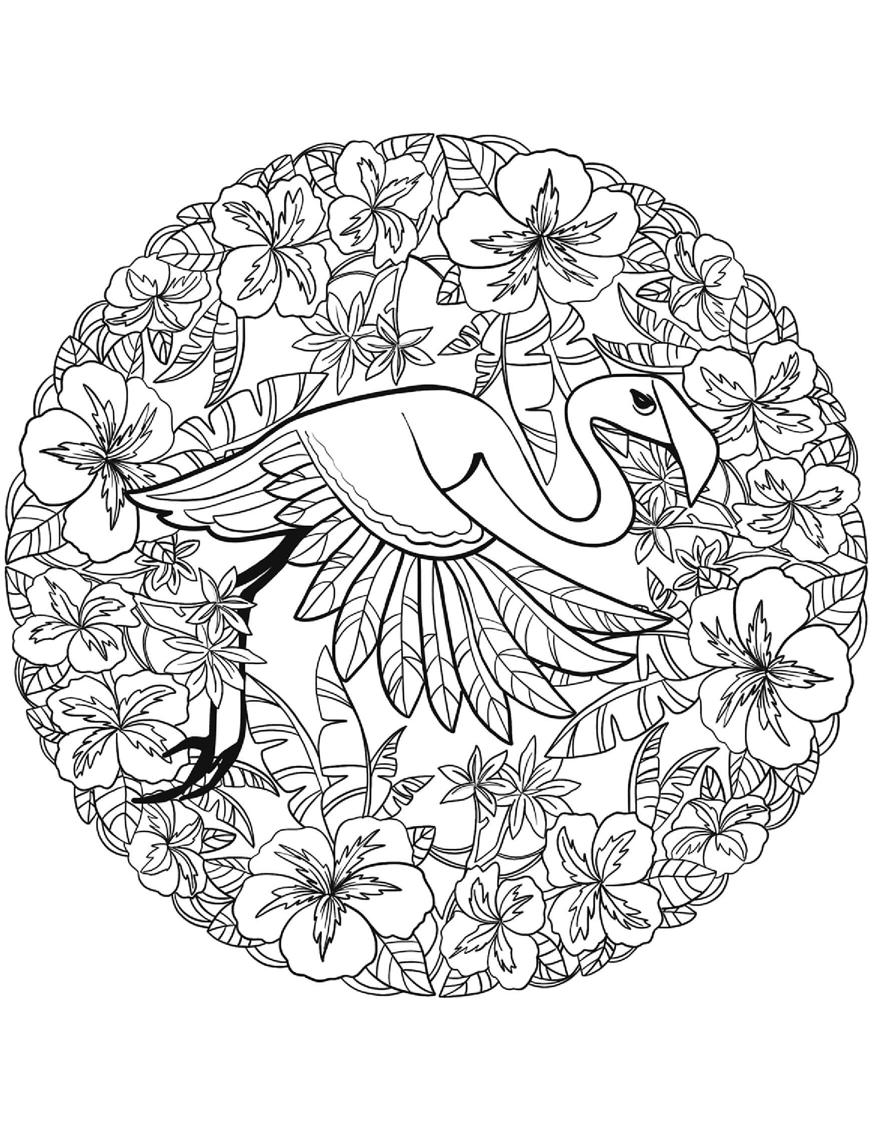 Madala Flamingo Flying With Leaves Coloring Page Mandalas