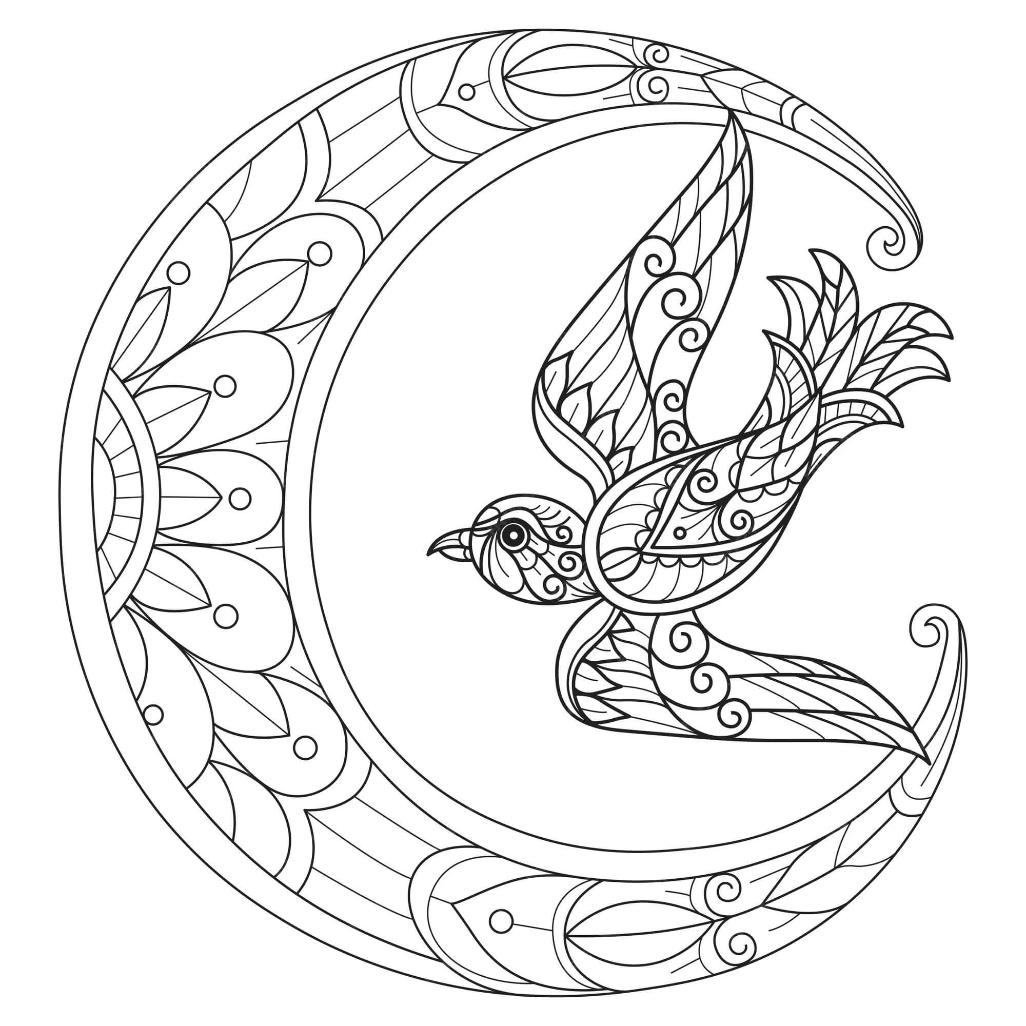 Mandala Moon With Bird Coloring Page Mandalas