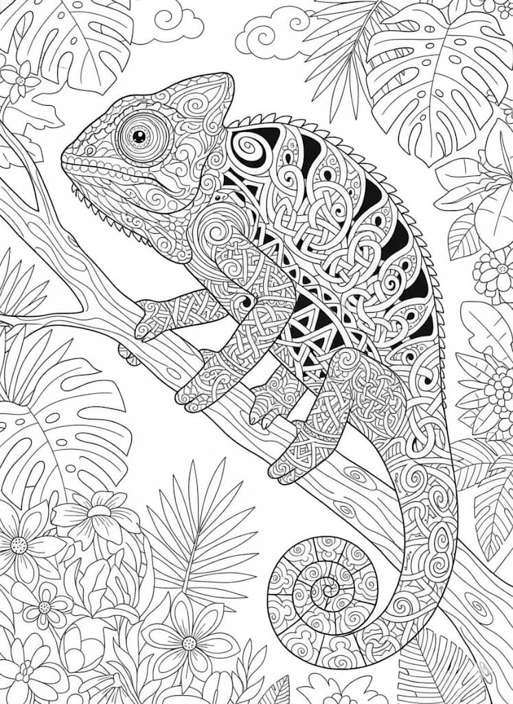 Abstract Swirls Chameleon Tropical Mandala Coloring Page Mandalas
