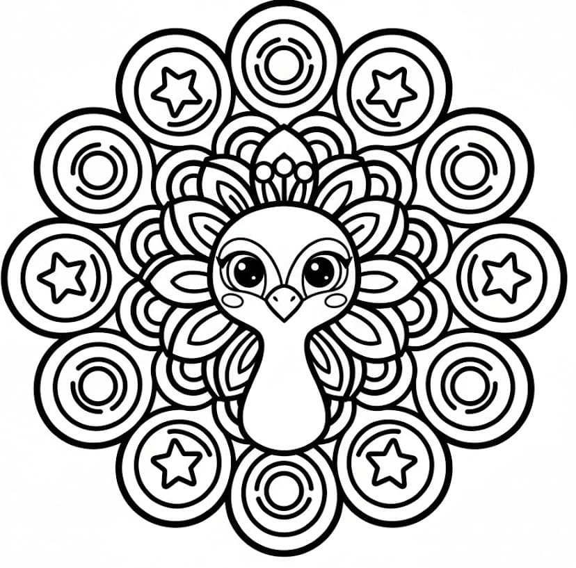 Adorable Peacock with Star Mandala Coloring Page Mandalas