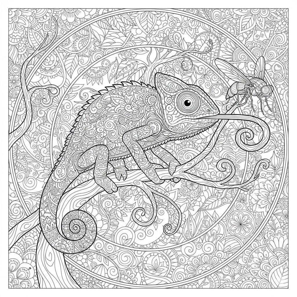 Chameleon Catching Fly Detailed Mandala Coloring Page Mandalas