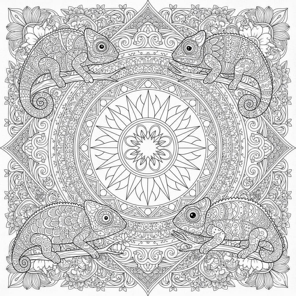 Chameleon Solar Guard Square Mandala Coloring Page Mandalas