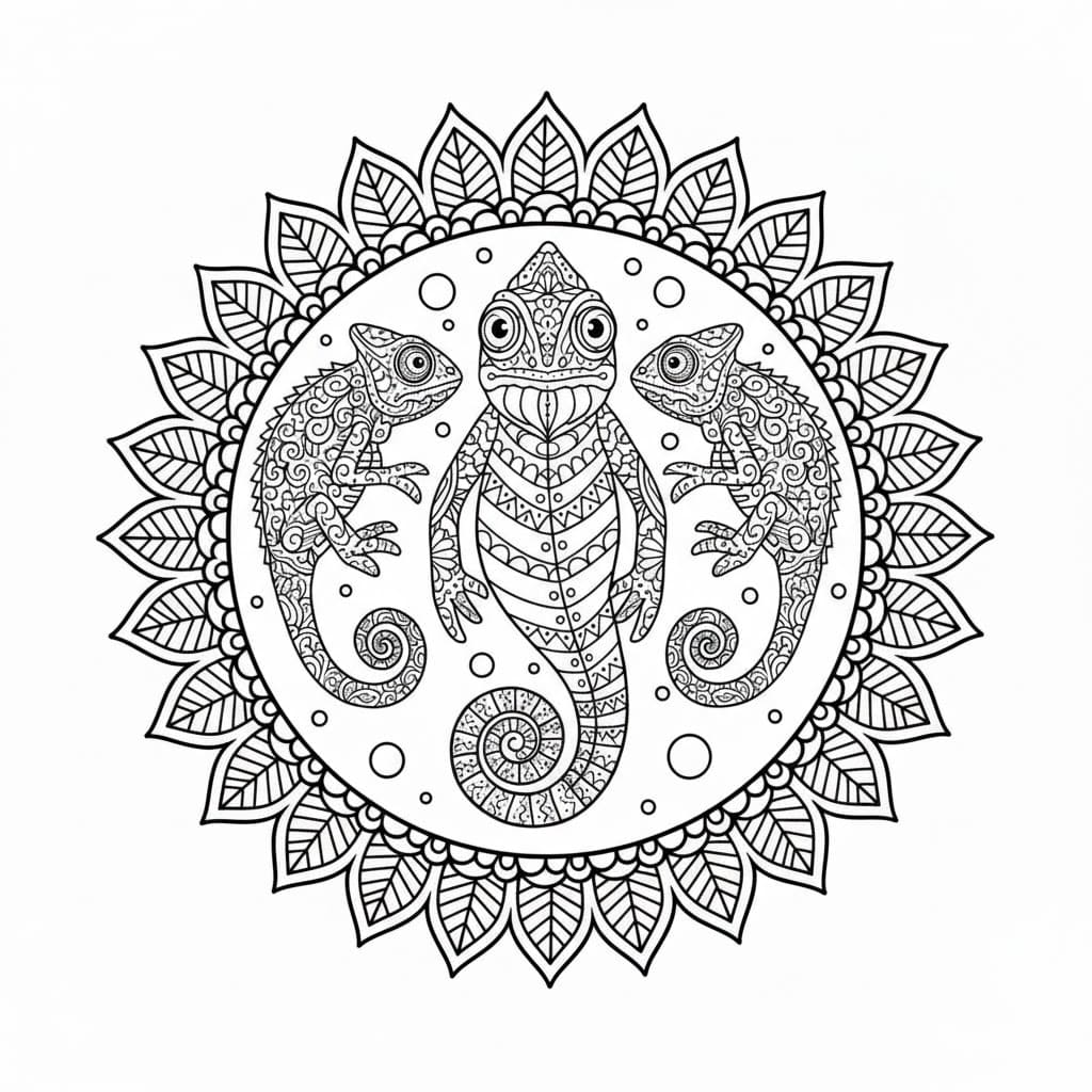 Chameleon Trio Round Mandala Coloring Page Mandalas