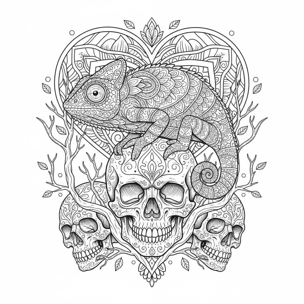 Chameleon and Skulls Ornate Mandala Coloring Page Mandalas