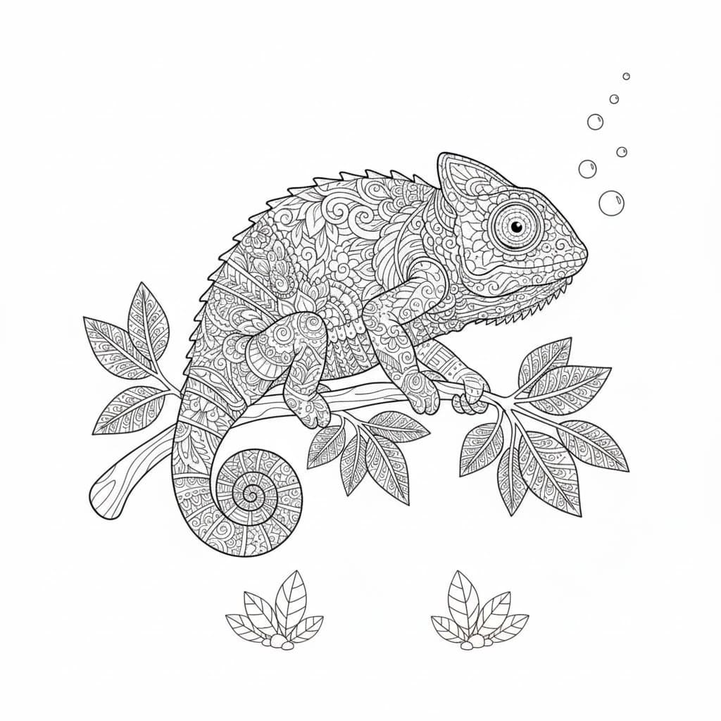 Chameleon on Branch with Bubbles Mandala Coloring Page Mandalas