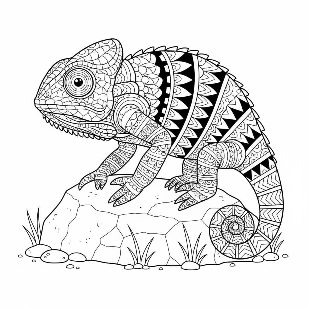 Chameleon on Stone with Sharp Patterns Mandala Coloring Page Mandalas