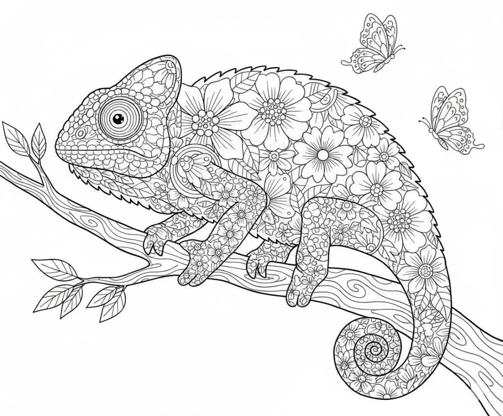 Chameleon with Flower Skin and Butterflies Coloring Page Mandalas