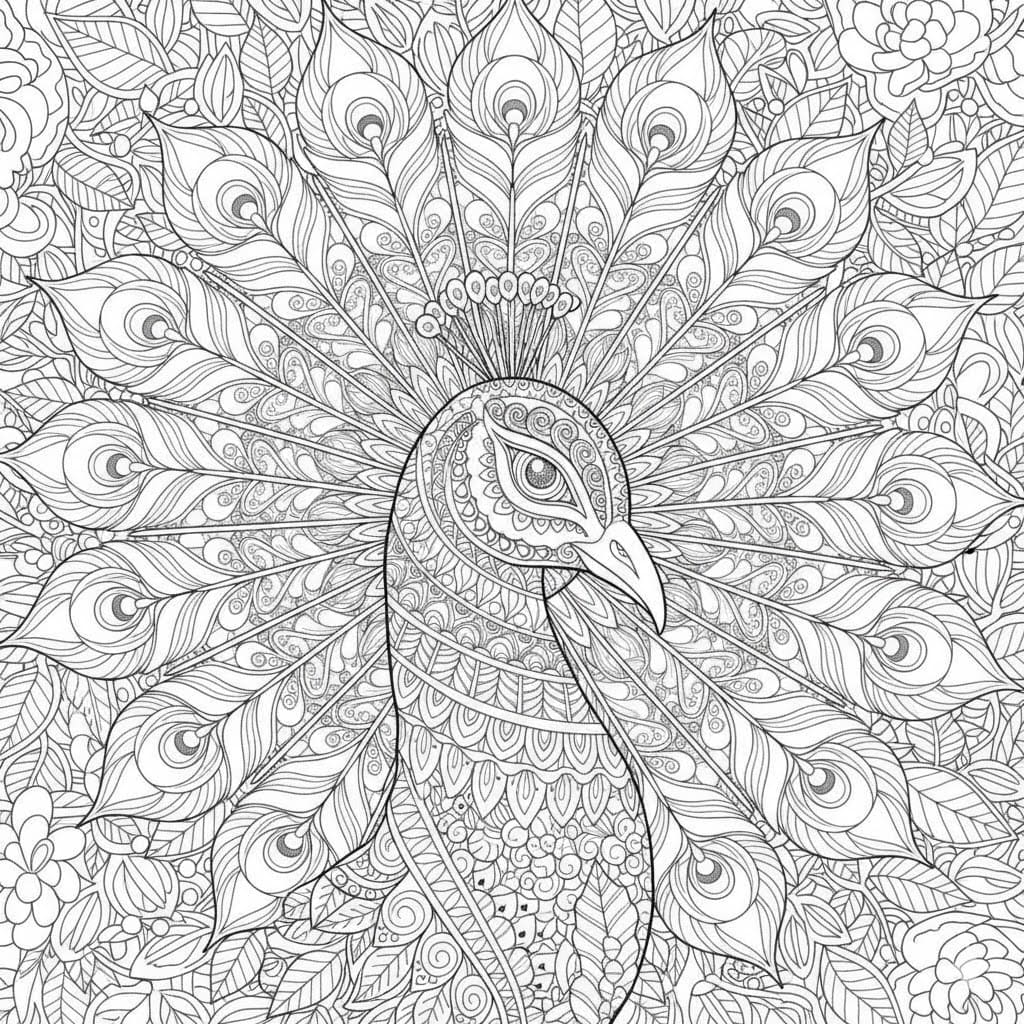 Close-up Ornate Peacock Mandala Coloring Page Mandalas