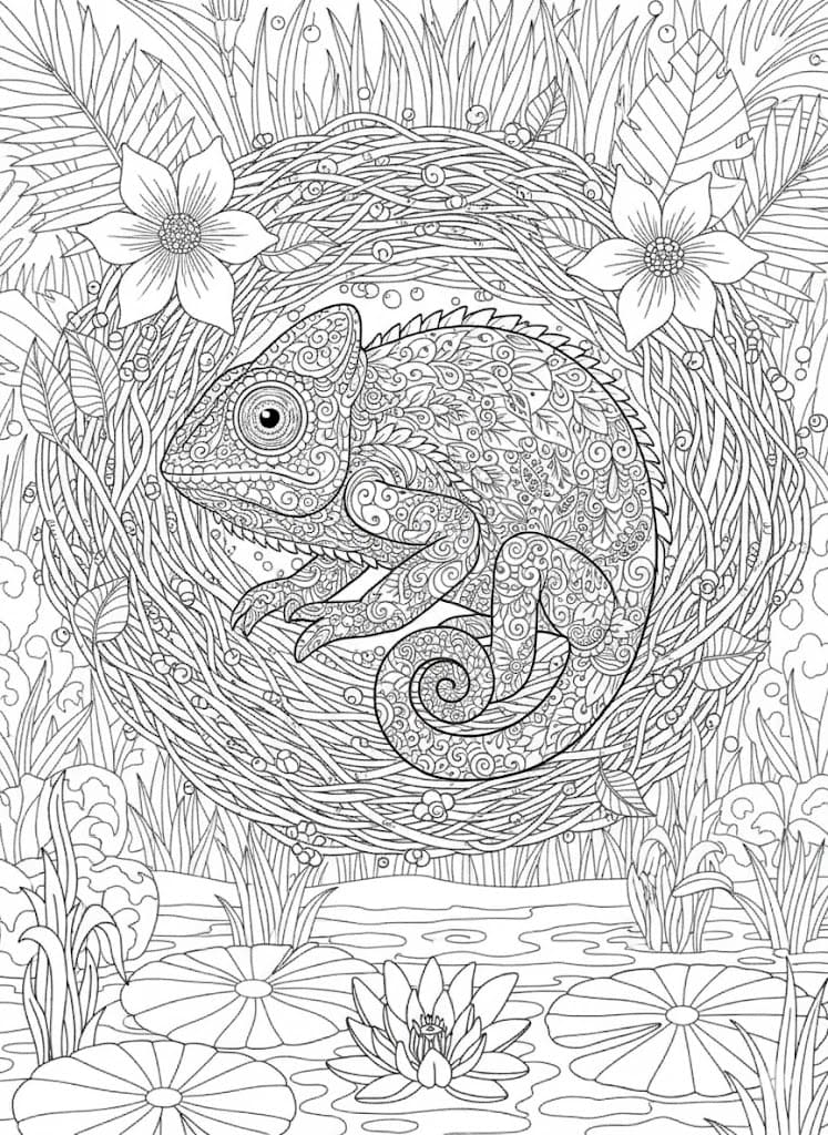 Coiled Chameleon in Ornate Wreath Mandala Coloring Page Mandalas