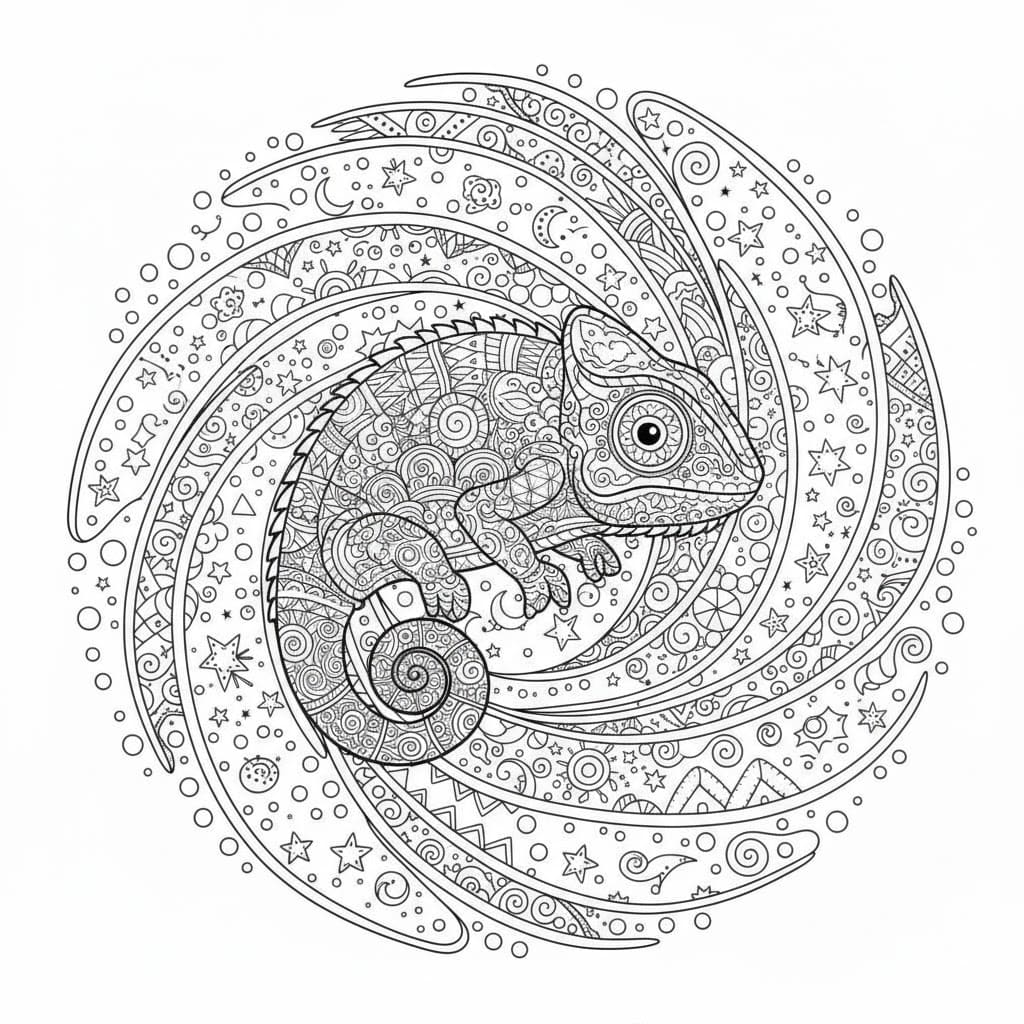 Cosmic Swirl Chameleon Round Mandala Coloring Page Mandalas