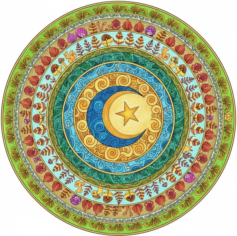 Crescent Moon and Star Nature Mandala Template Mandalas