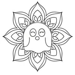 Cute Ghost Flower Mandala Coloring Page. Mandalas