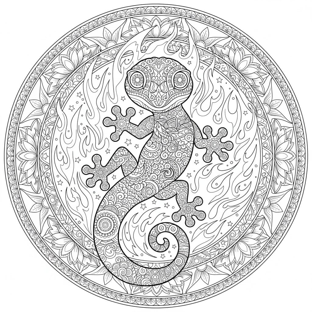 Decorated Gecko and Fire Mandala Coloring Page Mandalas
