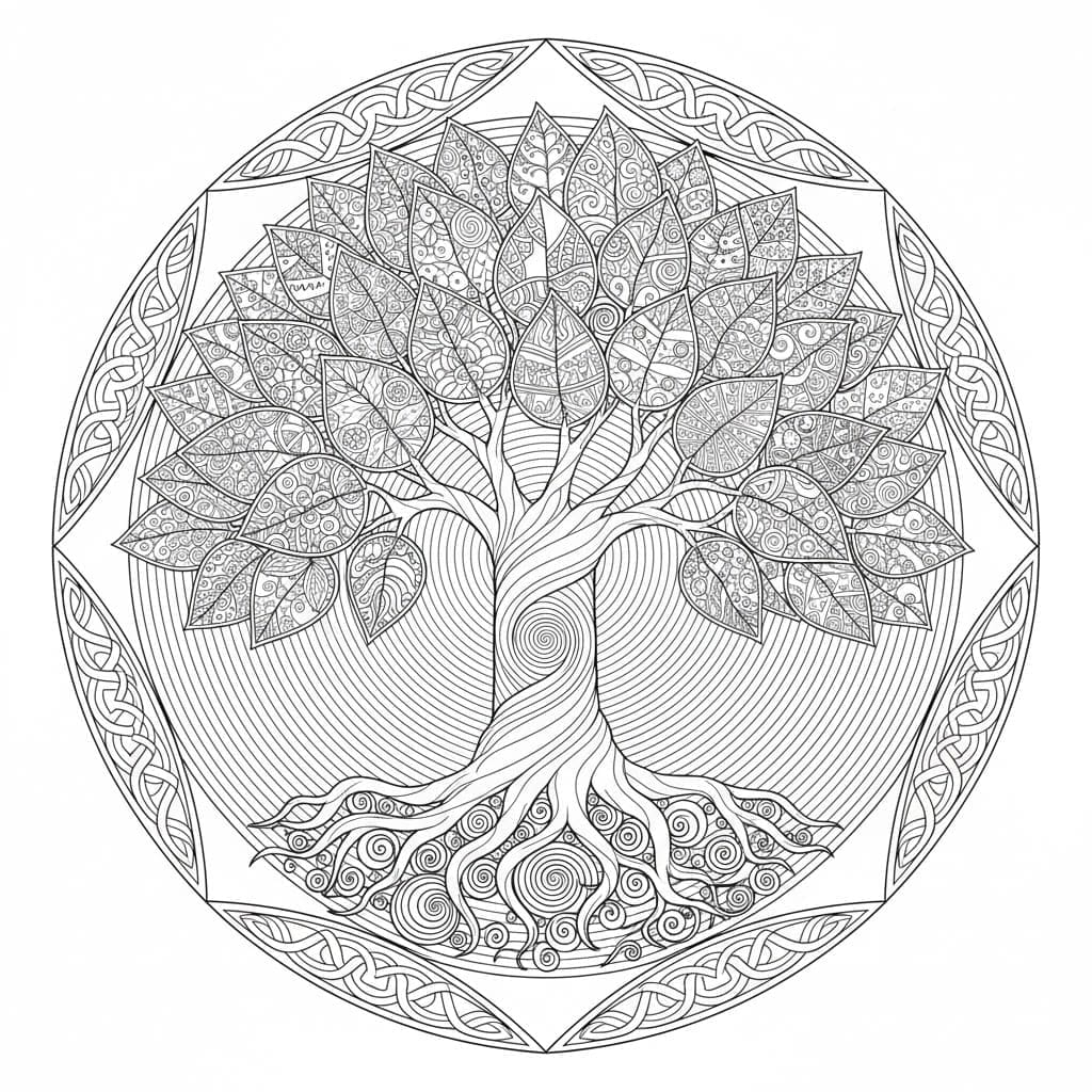 Detailed Abstract Tree Of Life Mandala Coloring Page Mandalas