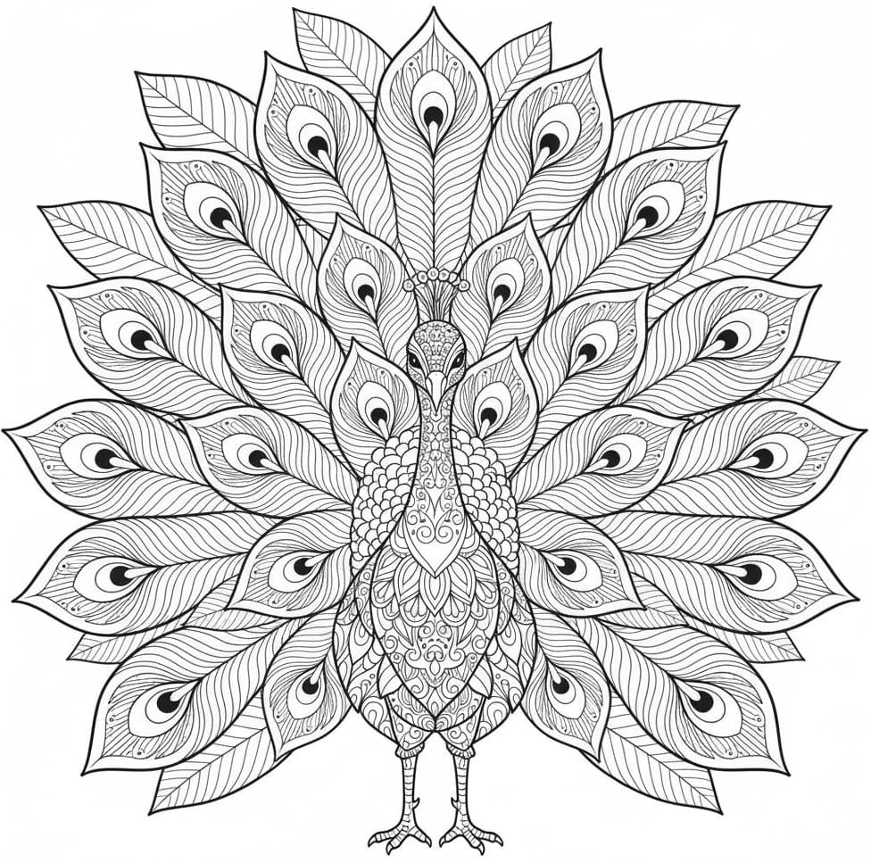 Detailed Peacock Feathers Mandala Coloring Page Mandalas