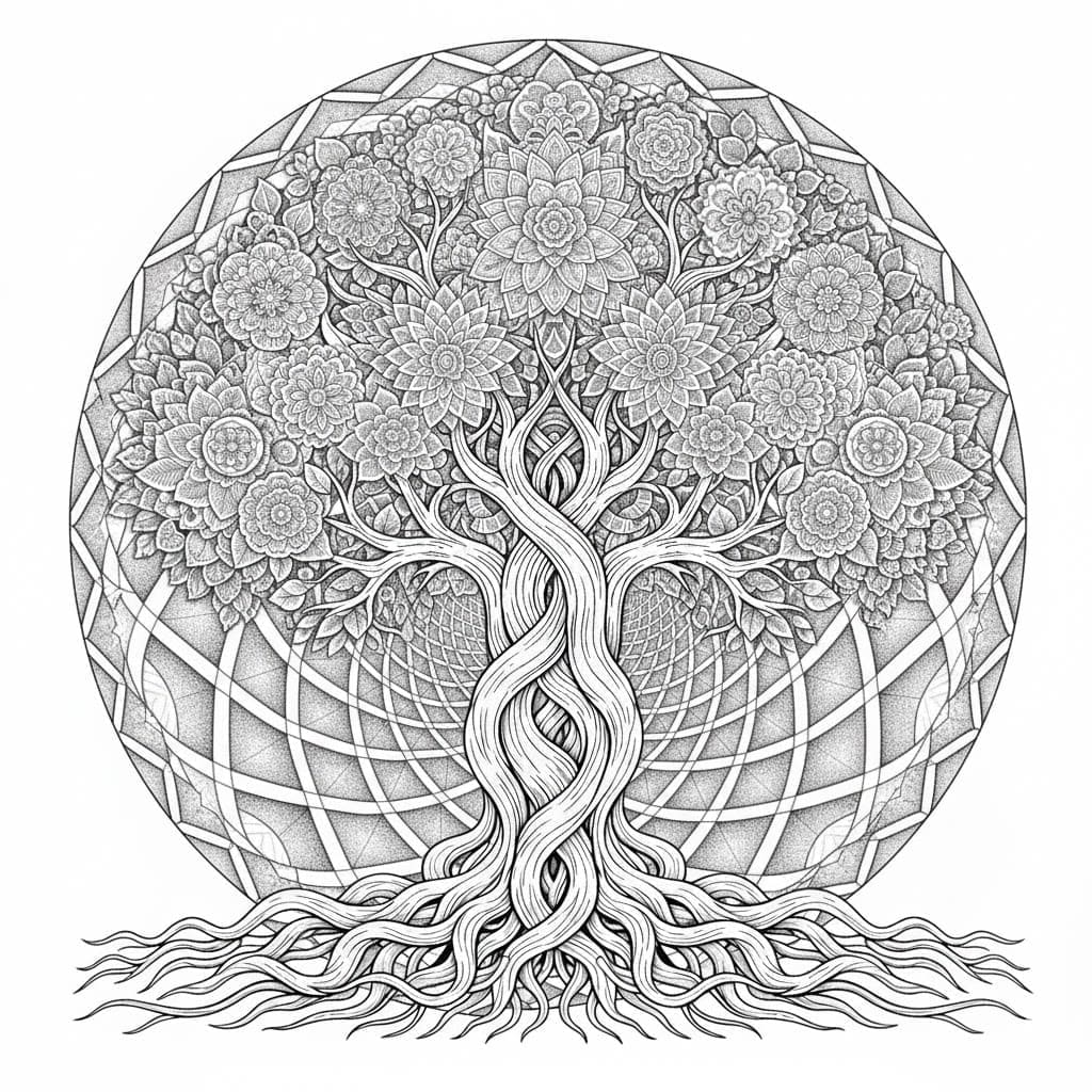 Elegant Swirling Tree Of Life Mandala Coloring Page Mandalas