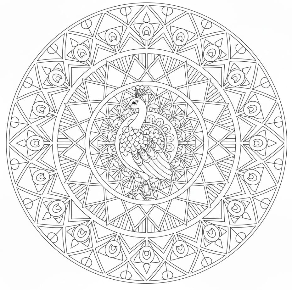 Geometric Peacock Mandala Coloring Page Mandalas