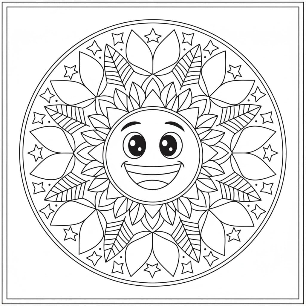 Happy Sun and Star Mandala Coloring Page Mandalas
