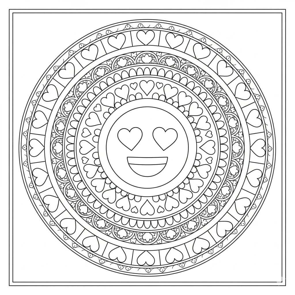 Heart Eyes Emoji Circle Mandala Coloring Page Mandalas