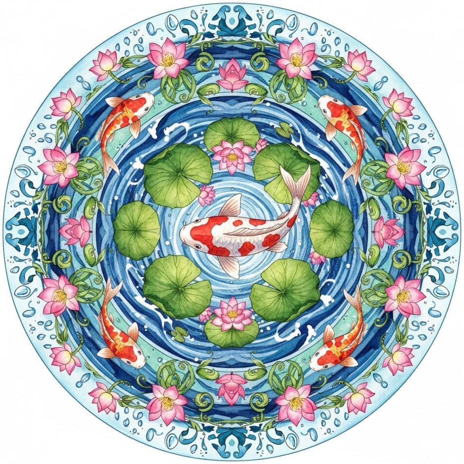 Koi Pond Serenity Nature Mandala Template Mandalas