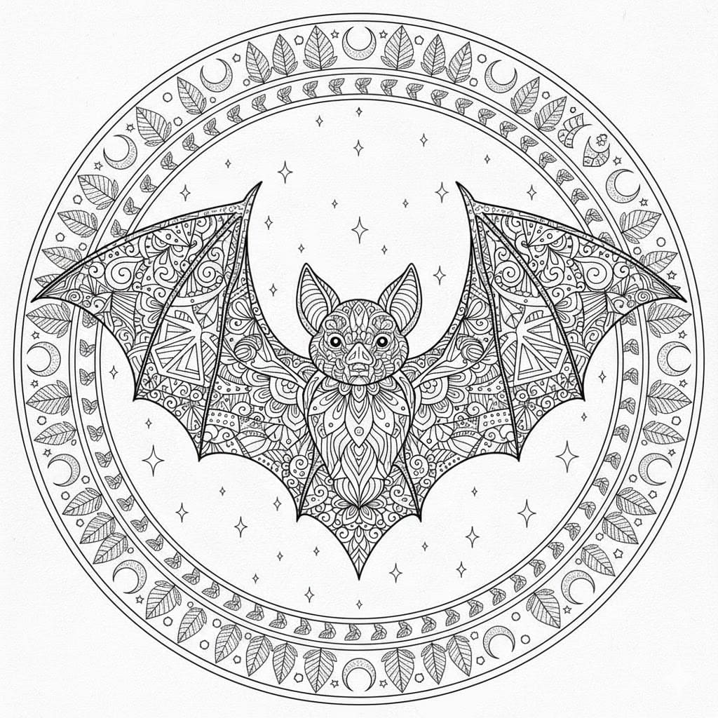 Moon and Stars Bat Mandala Coloring Page Mandalas