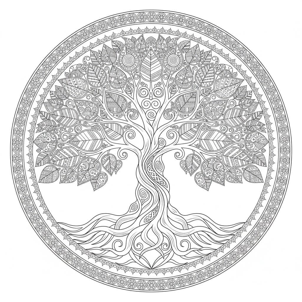 Opulent Foliage Tree Of Life Mandala Coloring Page Mandalas