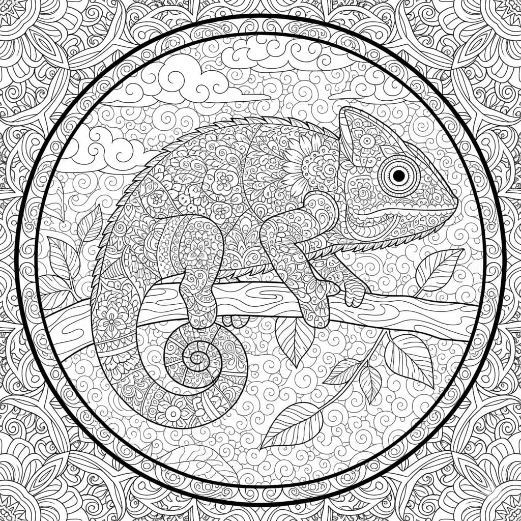 Ornate Chameleon Curling on Branch Mandala Coloring Page Mandalas