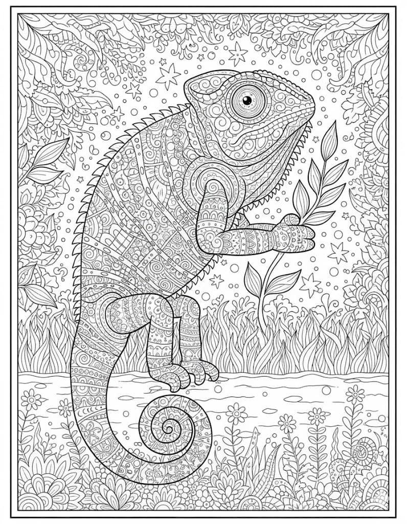 Ornate Chameleon Holding Leaf Mandala Coloring Page Mandalas