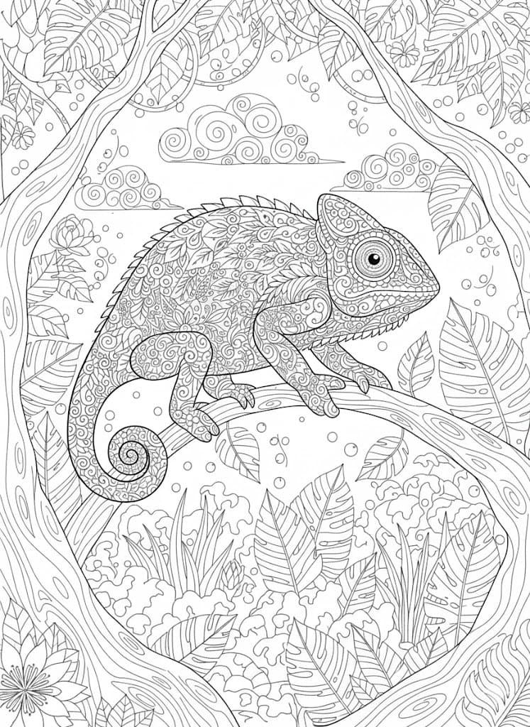 Ornate Chameleon in Jungle Border Mandala Coloring Page Mandalas