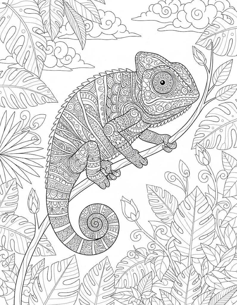 Ornate Chameleon in Tropical Jungle Coloring Page Mandalas