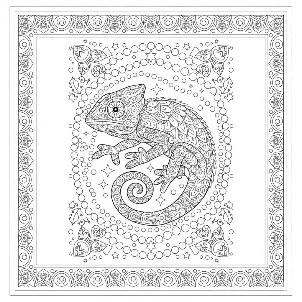Ornate Gecko with Beaded Border Mandala Coloring Page Mandalas