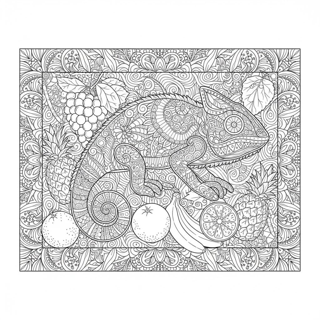 Ornate Gecko with Fruit Motif Mandala Coloring Page Mandalas