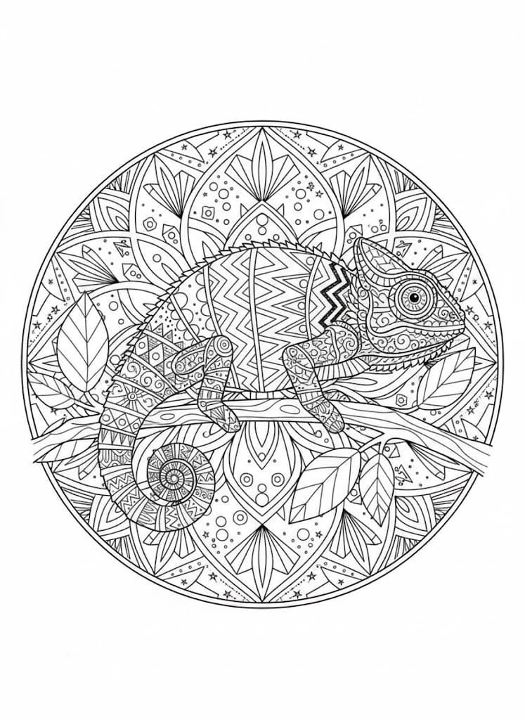 Patterned Chameleon in Circle Mandala Coloring Page Mandalas