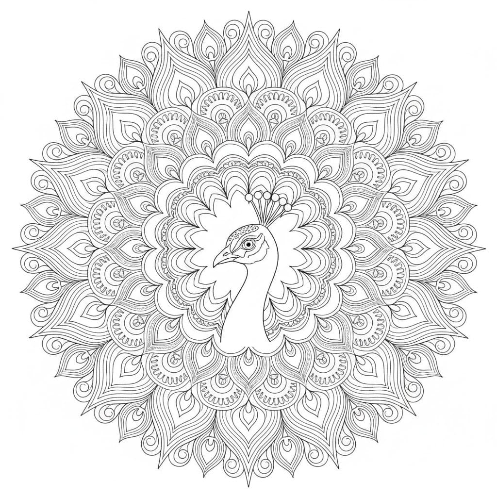 Peacock Head in Ornate Mandala Coloring Page Mandalas