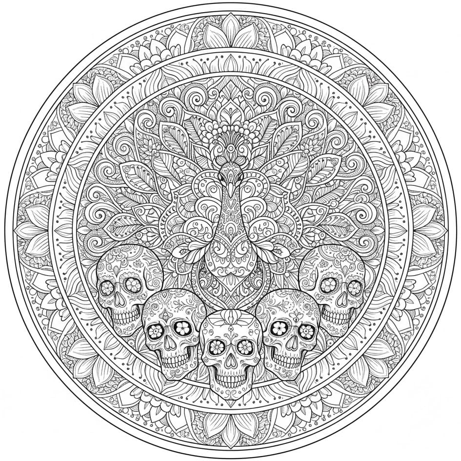 Peacock Sugar Skulls Mandala Coloring Page Mandalas