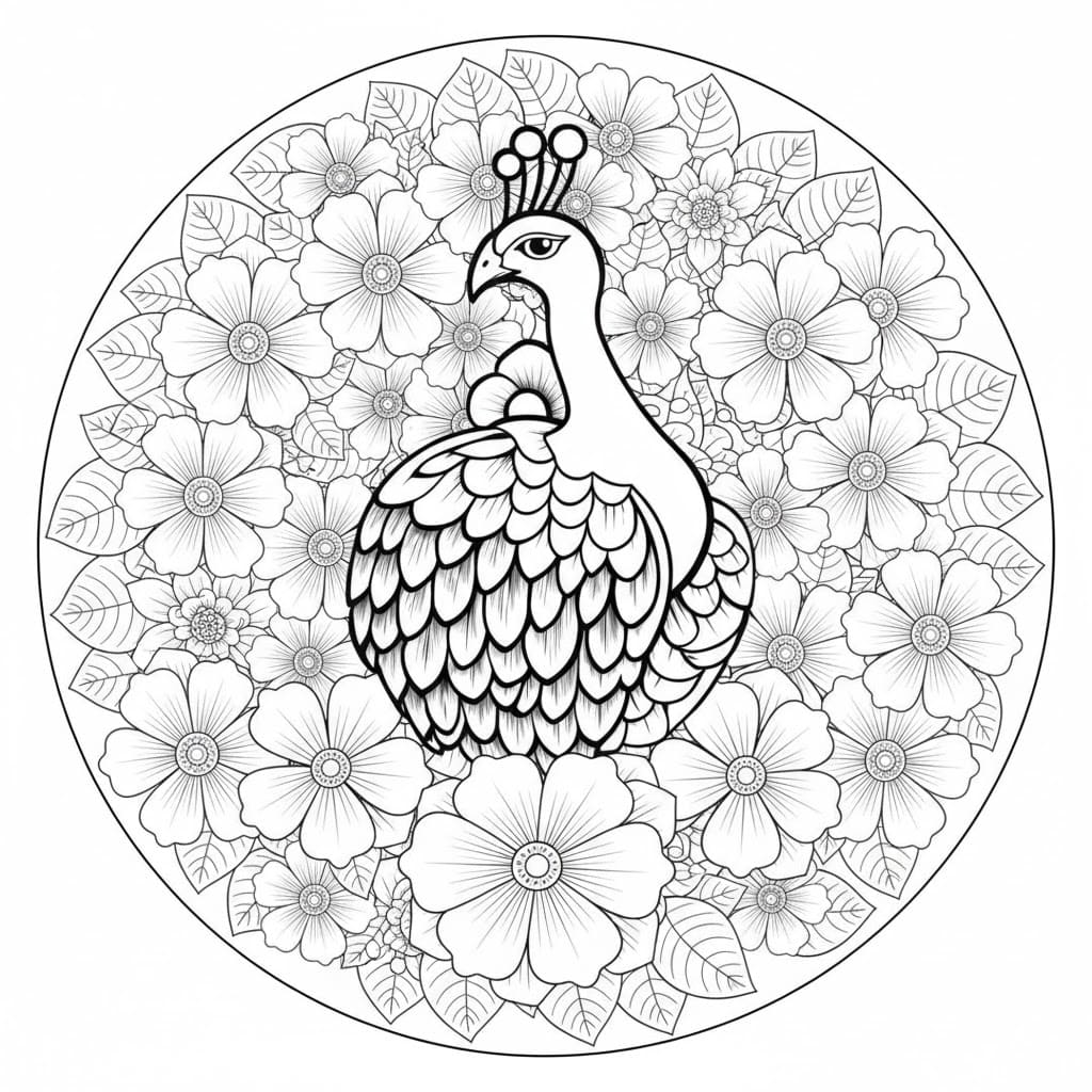 Peacock and Flowers Mandala Coloring Page Mandalas