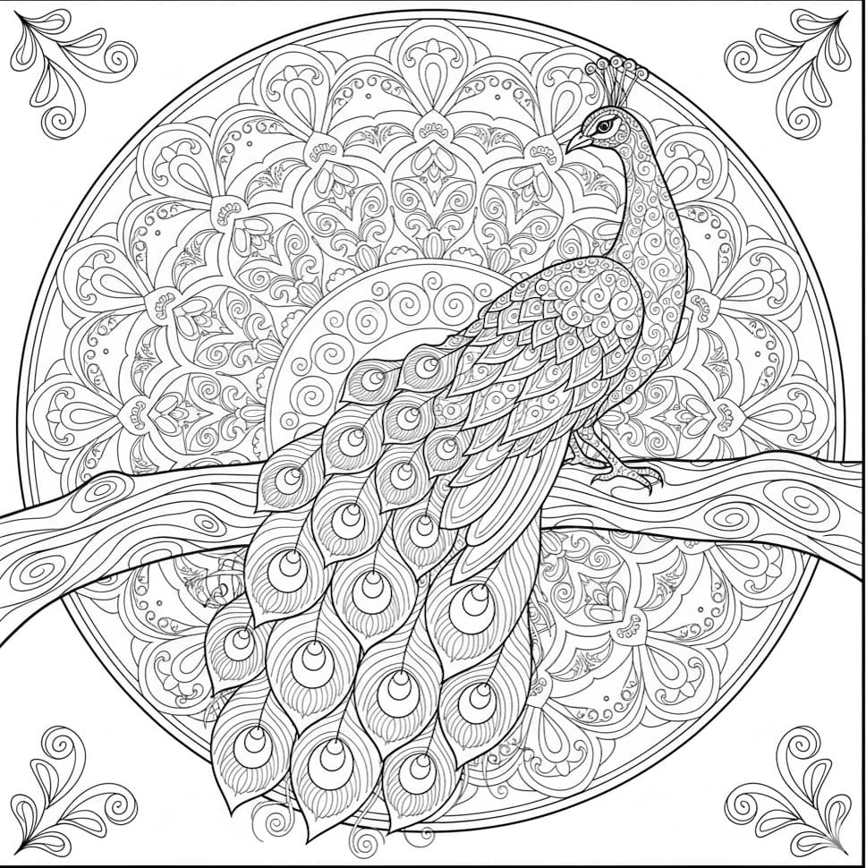 Peacock on Branch Circle Mandala Coloring Page Mandalas