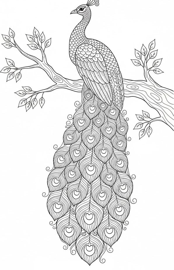 Peacock on Branch Mandala Coloring Page Mandalas