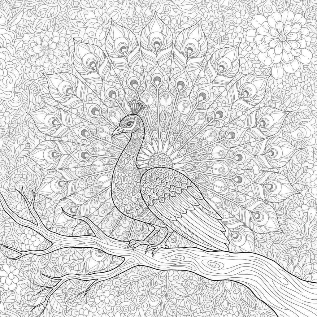 Peacock on Branch with Floral Mandala Coloring Page Mandalas