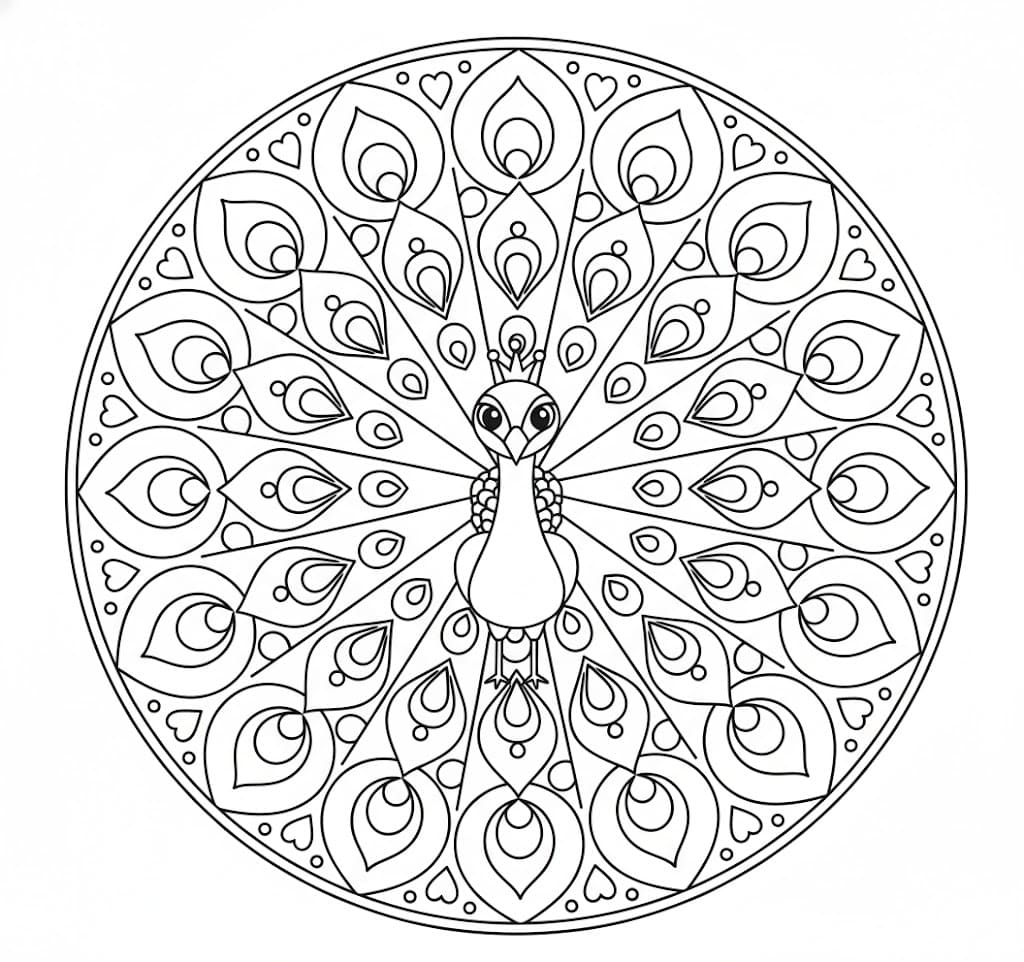 Peacock with Heart Feathers Mandala Coloring Page Mandalas