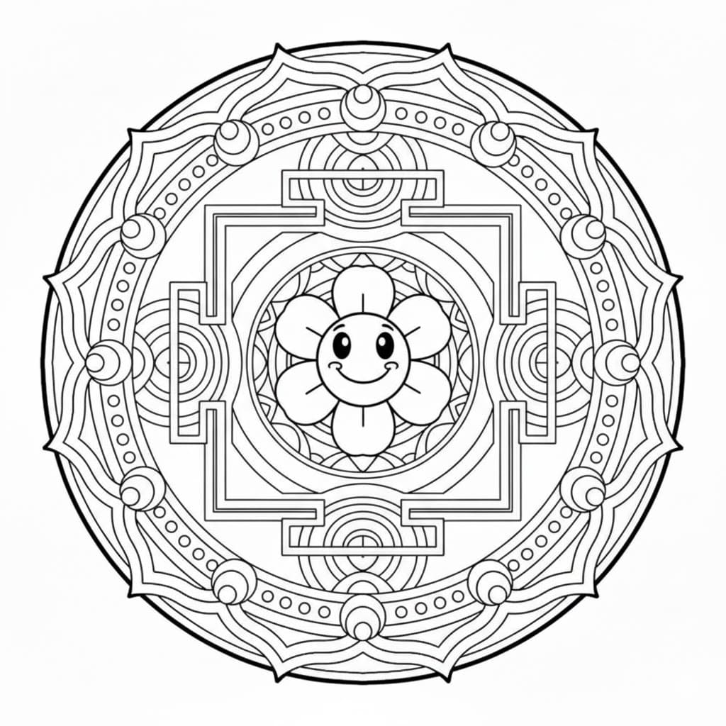 Smiling Flower Geometric Mandala Coloring Page Mandalas