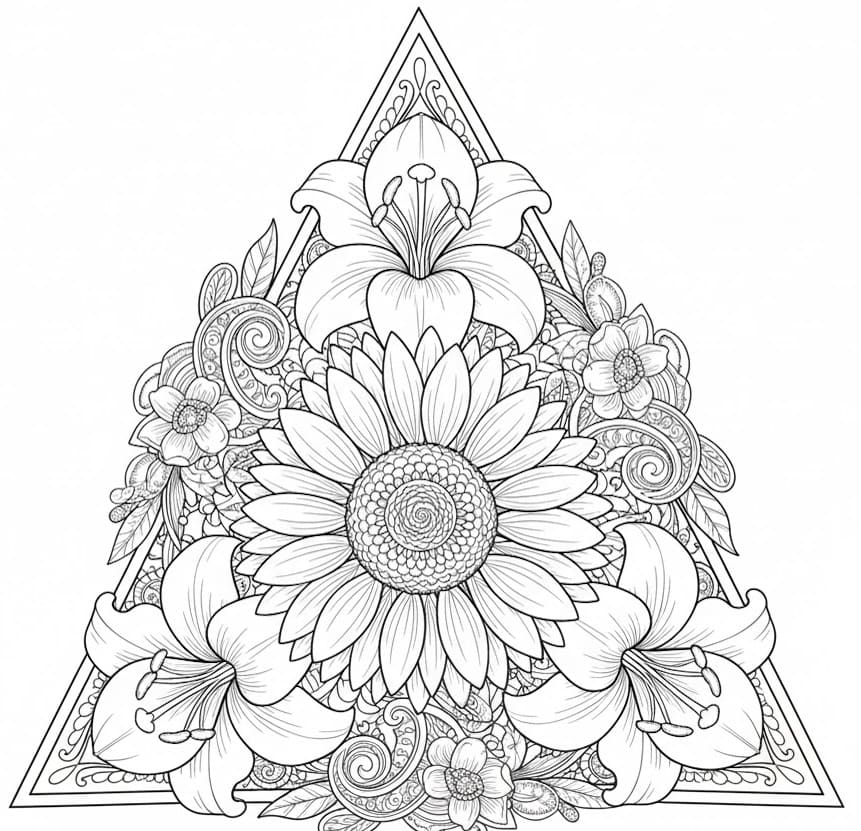 Sunflower and Lily Triangle Mandala Coloring Page Mandalas