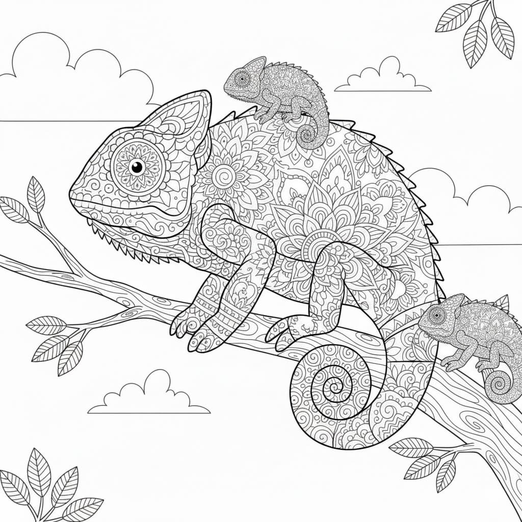 Three Chameleons on Tree Mandala Coloring Page Mandalas