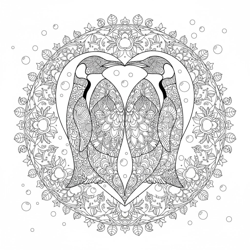 Two Penguins Heart Mandala Coloring Page Mandalas