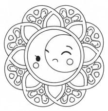 Winking Crescent Moon Mandala Coloring Page. Mandalas