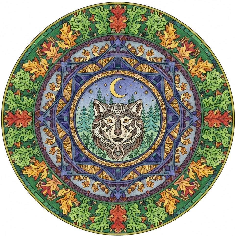 Wolf's Moon Guardian Nature Mandala Template Mandalas