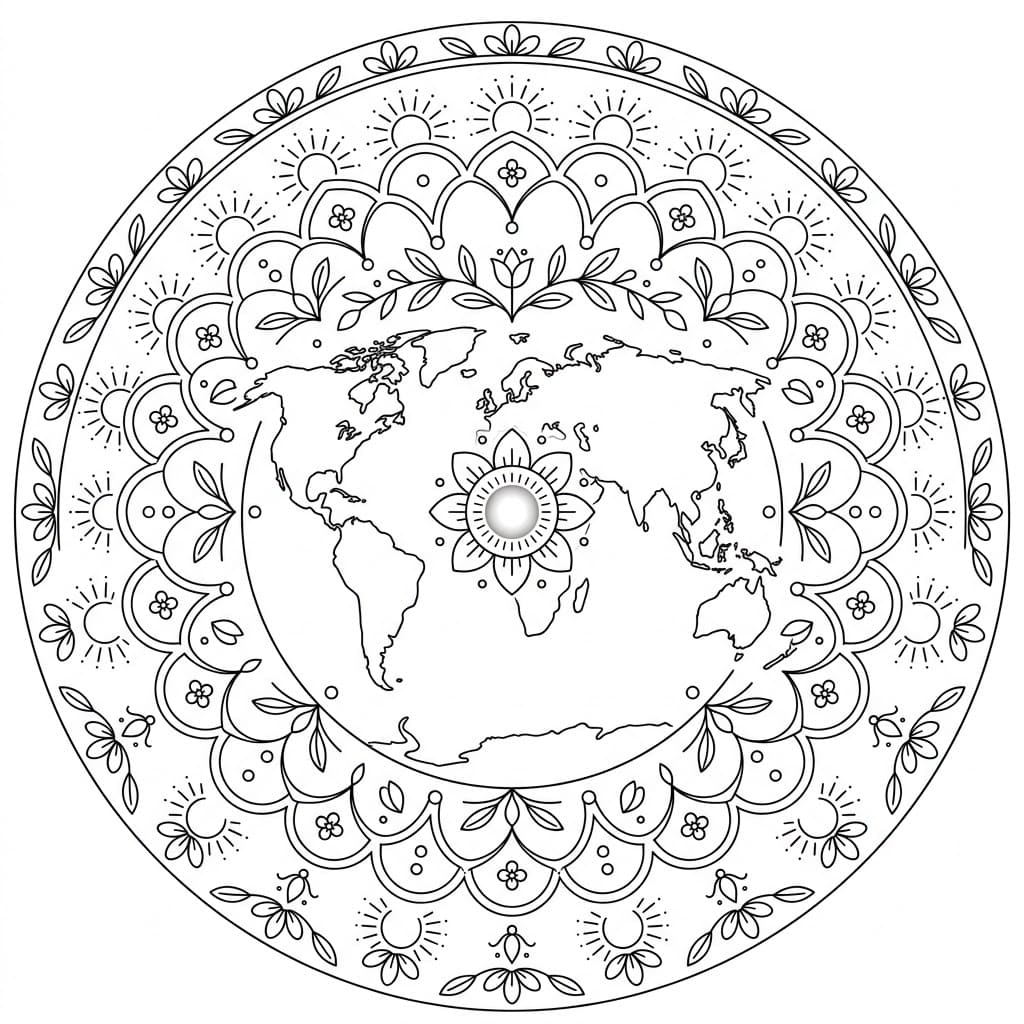 Radiant Geographical Mandala World Outline Mandalas