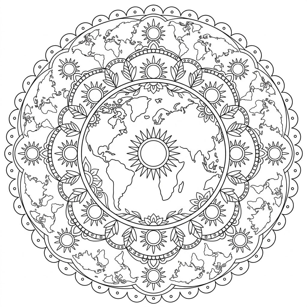 Solar Geographical Mandala World Outline Mandalas